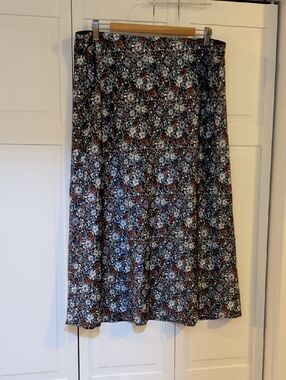 LOFT Satin Pull On Blue and Brown Floral Midi Skirt